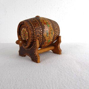 Vintage Wood Miniature Keg Decorative Handmade Beer Barrel & Stand Painted 70s